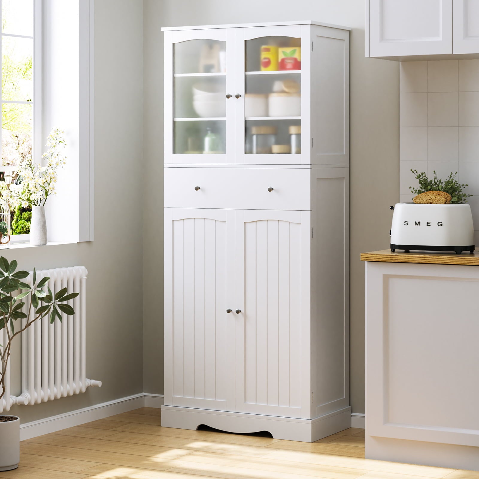 Homfa Tall Kitchen Pantry with 4 Doors， Free Standing Storage Cabinet for Dining Room， White