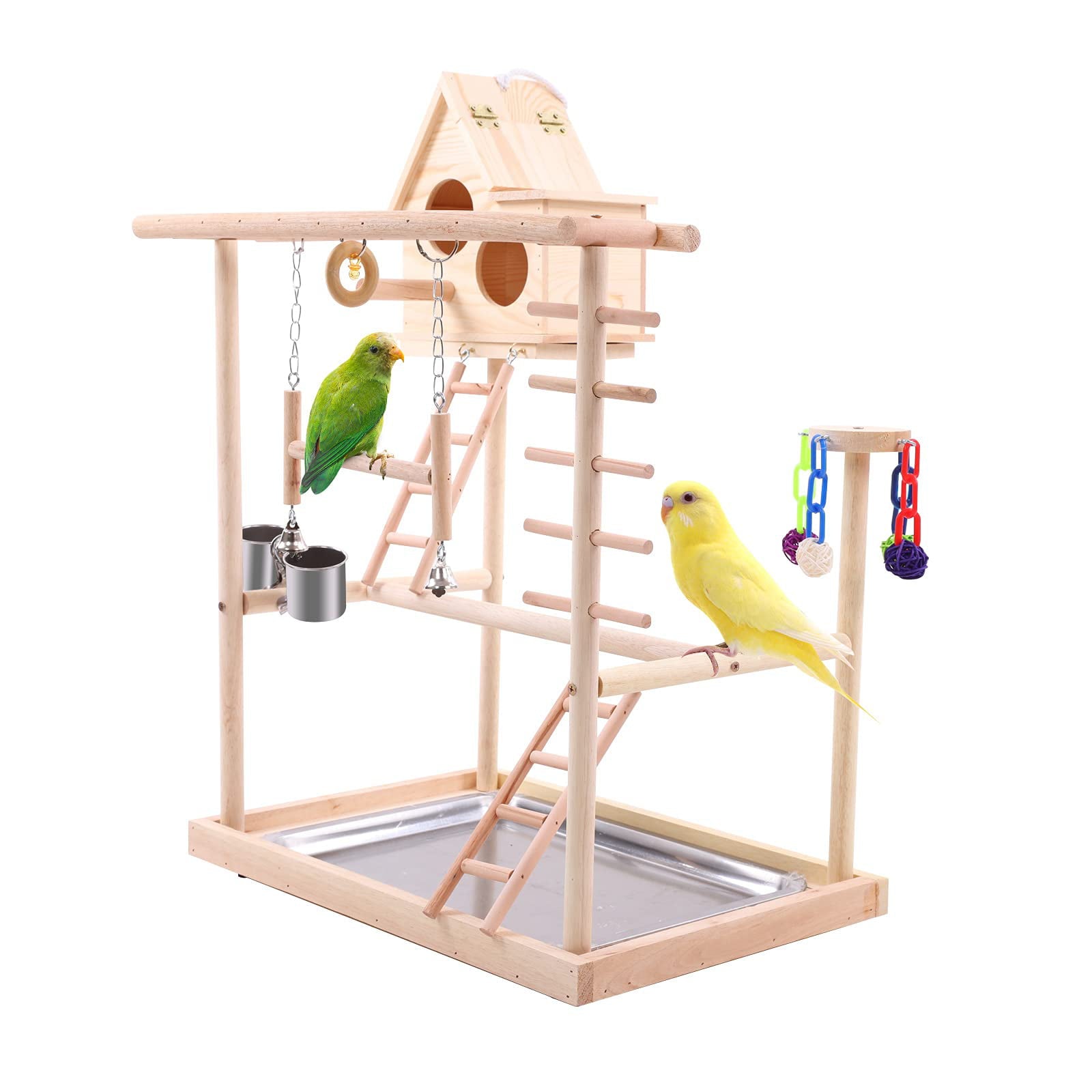 QBLEEV Bird's Nest Bird Perches Play Stand Gym Parrot Playground Play gym Playpen Play stand Swing Bridge Tray Wood Climb Ladders