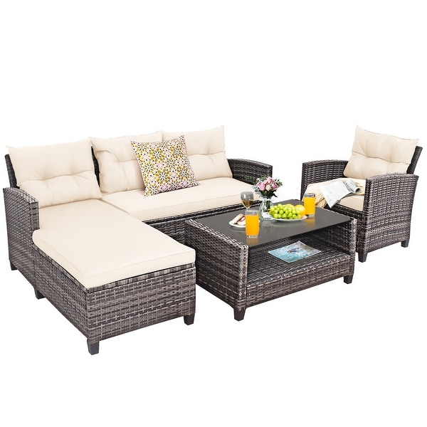 Gymax 4PCS Rattan Patio Conversation Furniture Set Outdoor Sectional