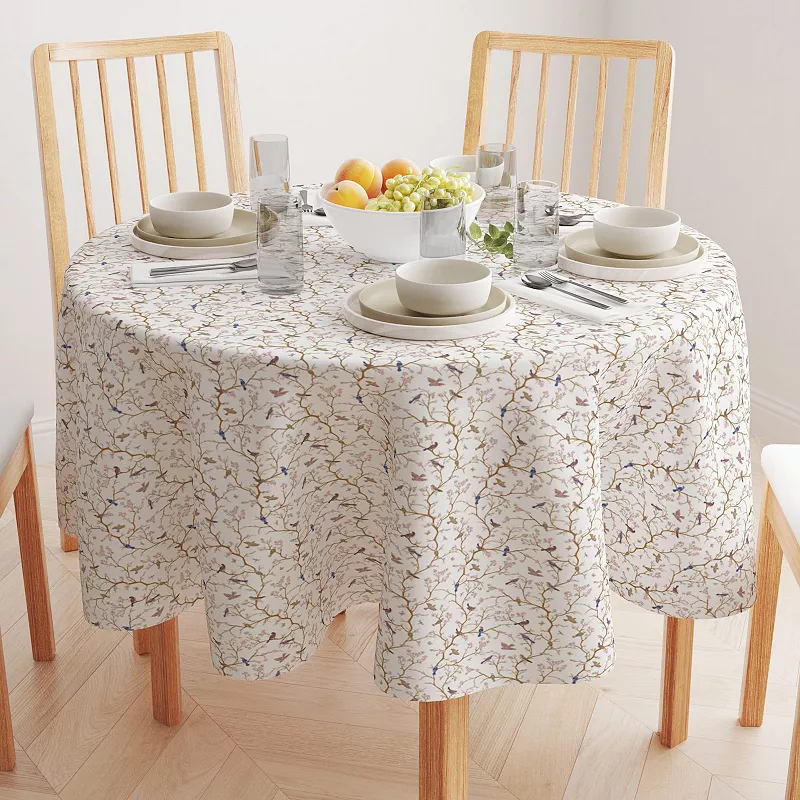 Round Tablecloth， 100% Cotton， 60 Round， Birds and Cherry Blossoms