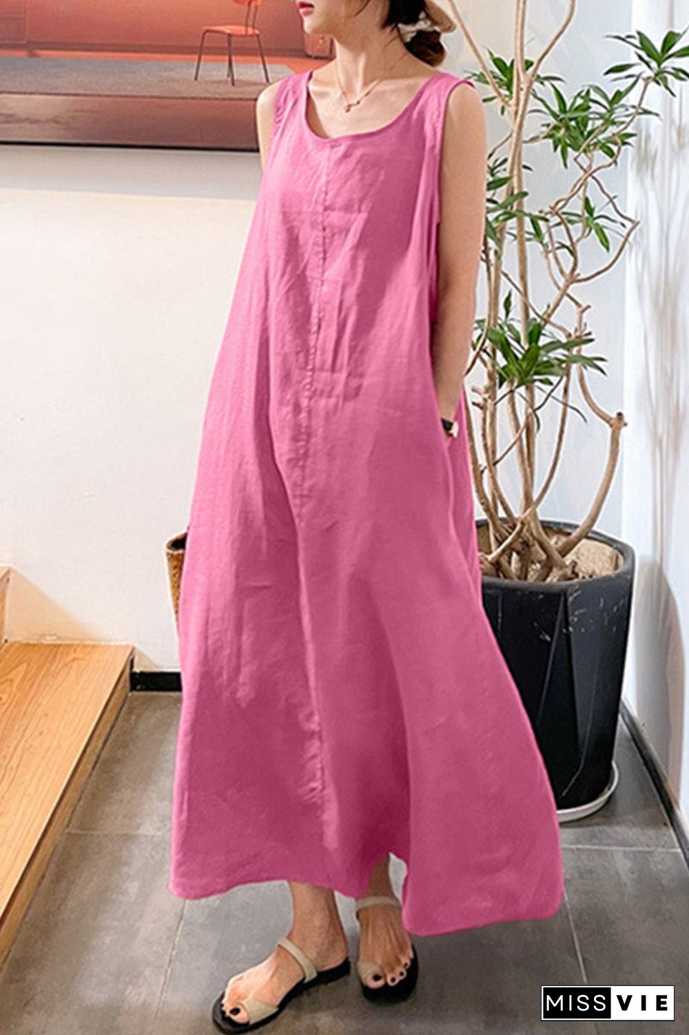 Casual Simplicity Solid Pocket O Neck Sleeveless Dress Dresses