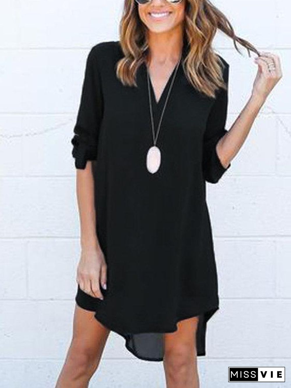 Grey V-Neck Long Sleeves Irregular Hem Chiffon Dress