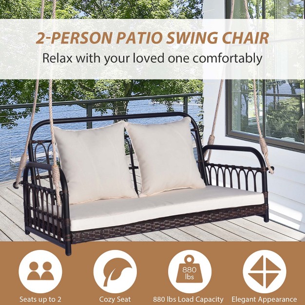 Costway Patio Swing Chair 2 person Hanging Seat Outdoor Wicker Loveseat Cushioned Porch