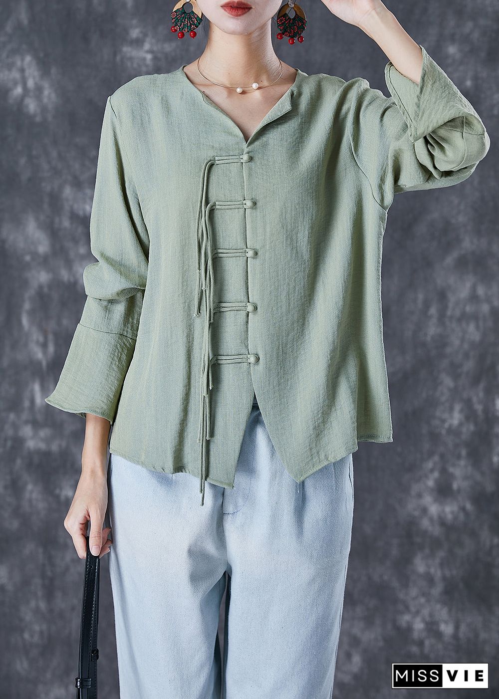 Chinese Style Green Grey Tasseled Linen Shirt Top Flare Sleeve