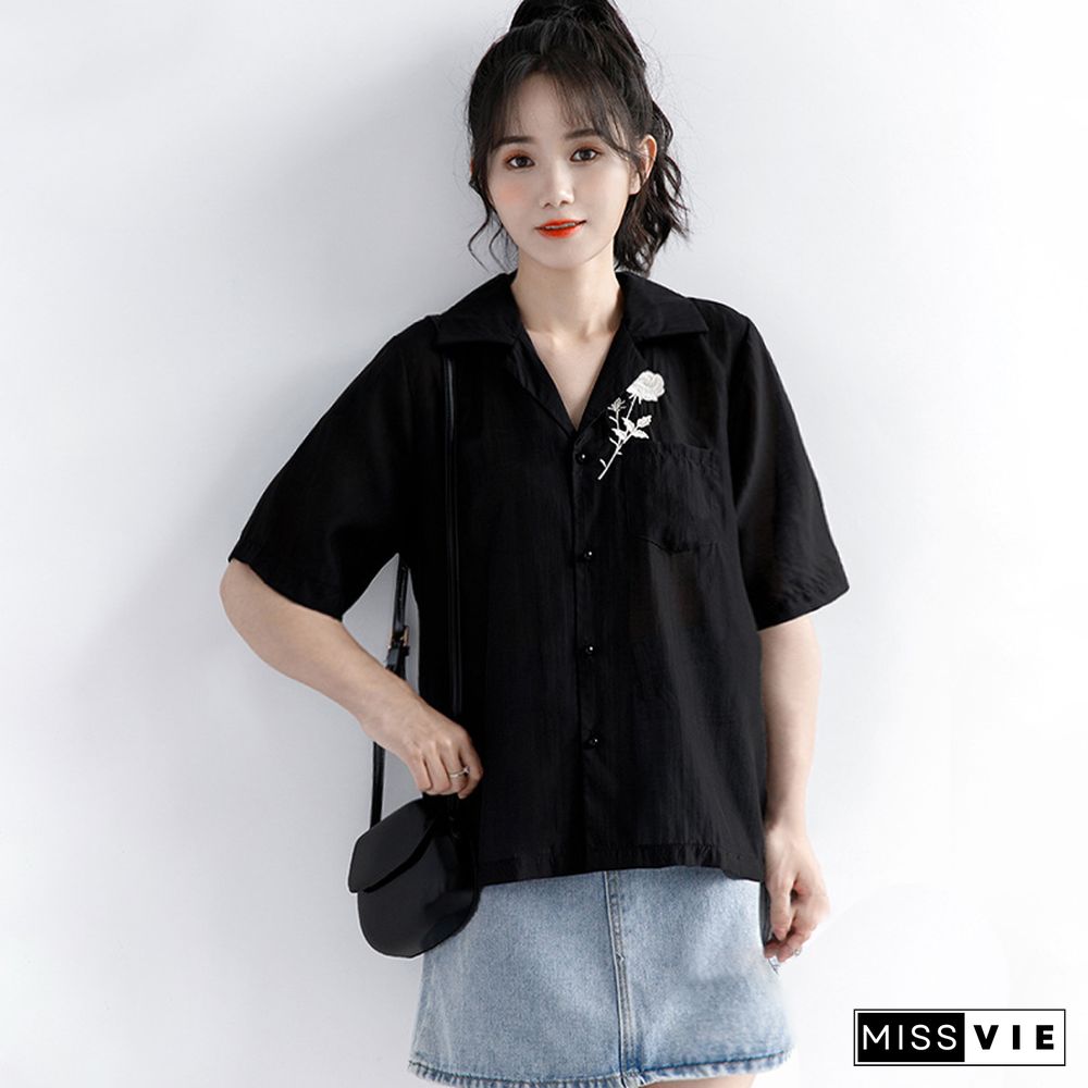 Vintage Blossom Embroidery  Pocket Polo T-Shirt