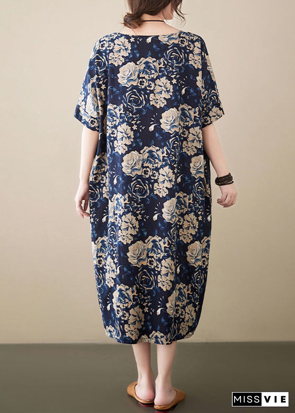 Navy Print Linen Robe Dresses V Neck Oversized Summer