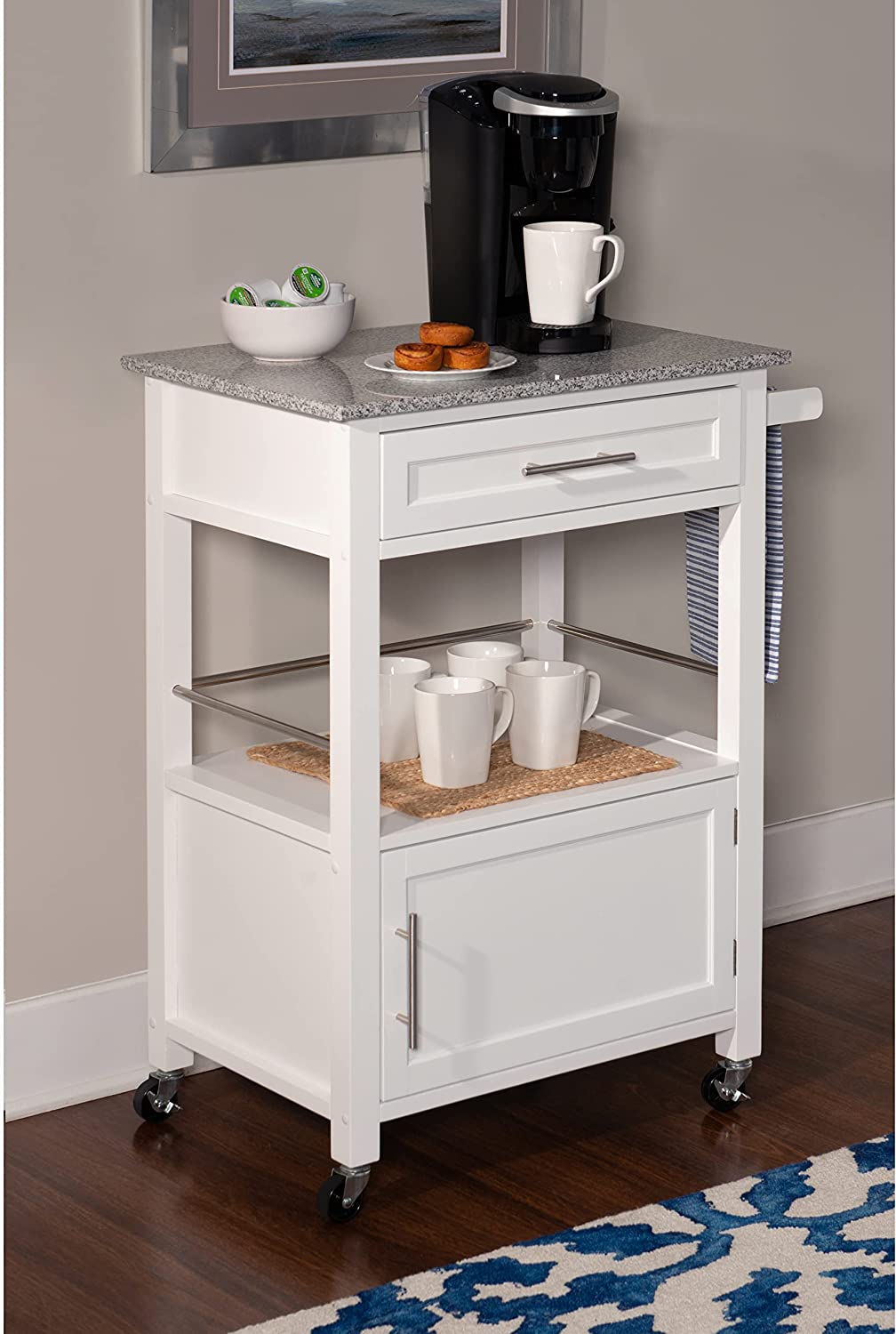 Linon White Wood Base with Mdf Granite Top Rolling Kitchen Cart (27-in x 18-in x 36-in)