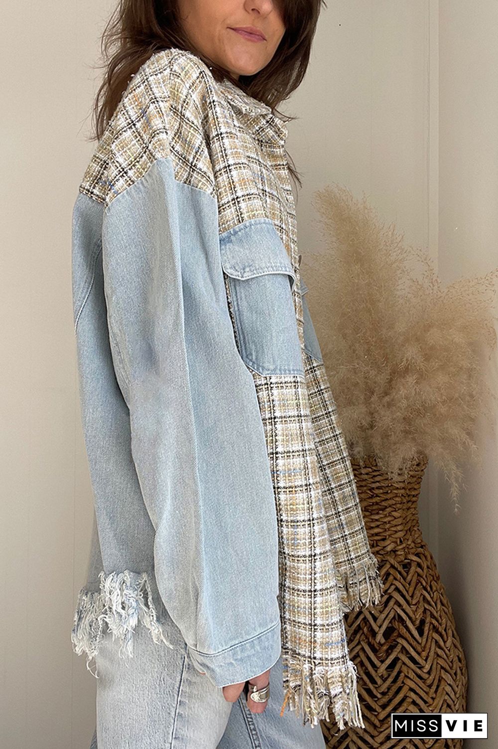 Lt Blue Ripped Denim Splicing Knit Plaid Pocketed Oversized Jackets