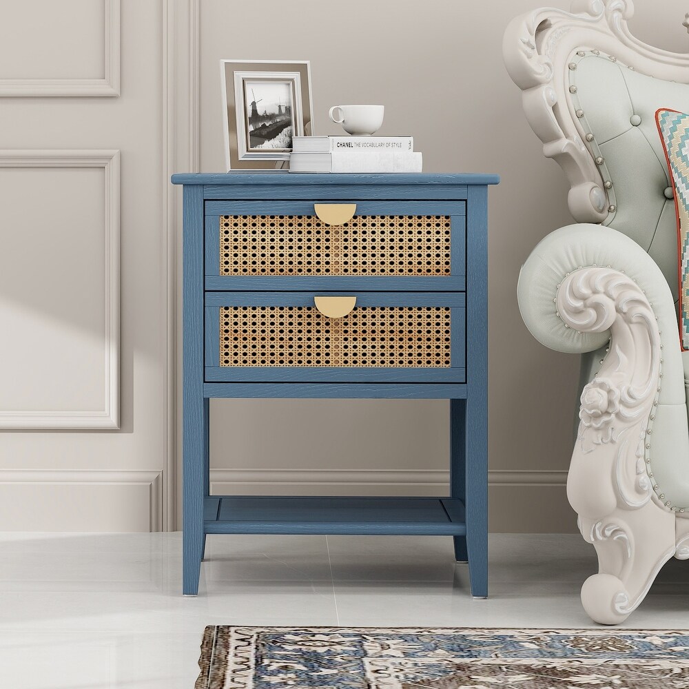 Wood Grain Nightstand 2 Rattan Drawer Sofa Side Table with Semi circular Metal Handle Bedside Cabinet for Study