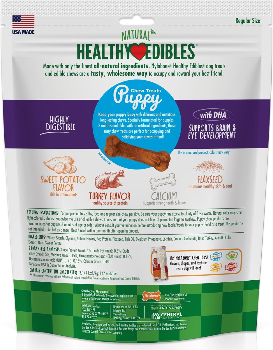 Nylabone Healthy Edibles Puppy Turkey and Sweet Potato Flavored Dog Chews， Small， 8 count