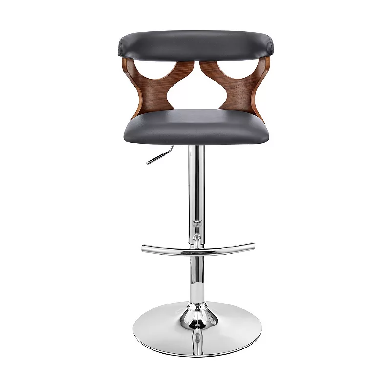 Adjustable Barstool with Curved Cut Out Wooden Back， Brown and Gray