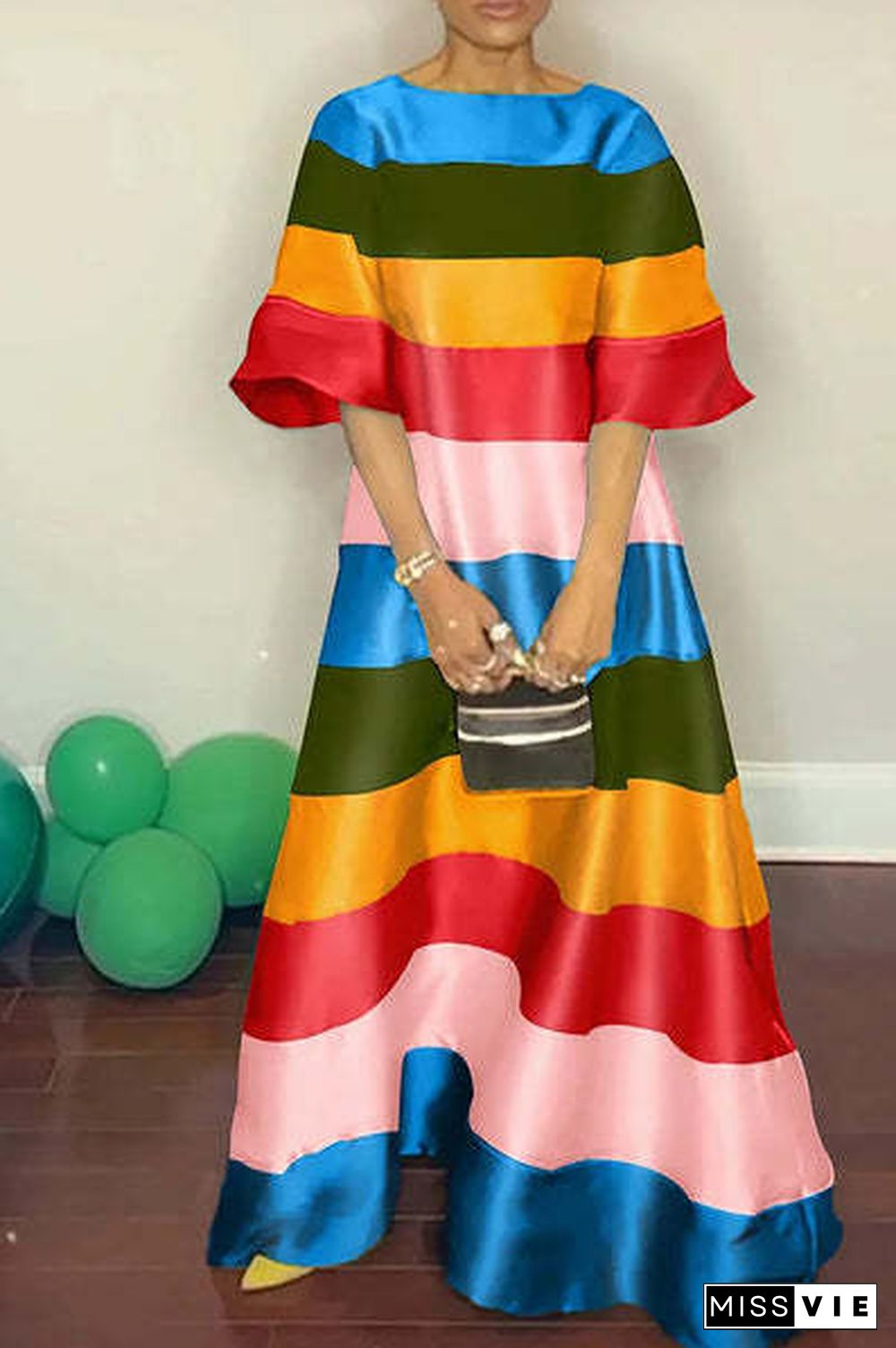 Rainbow Stripe Short Sleeve Loose Maxi Dress