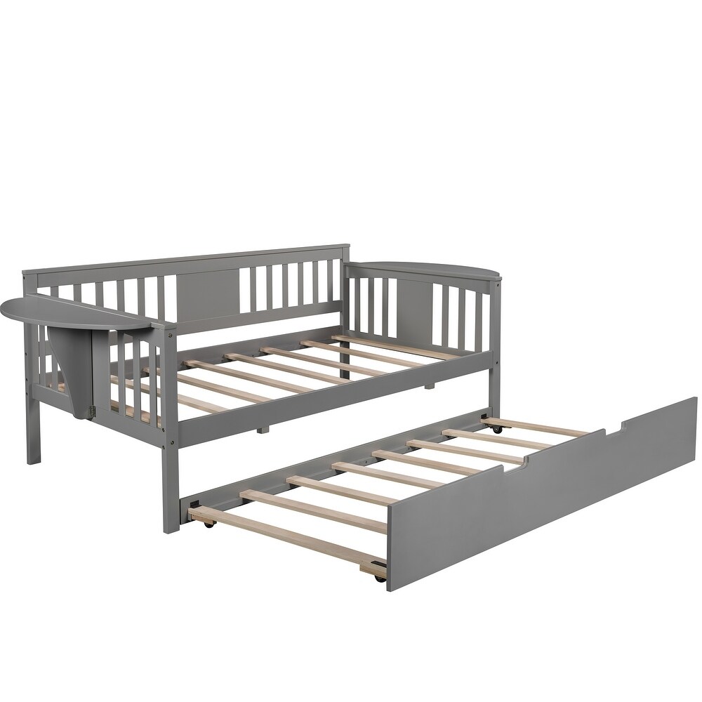 Twin Wooden Daybed Sofa Bed with 1 Trundle and 2 Extra Connected Small Coffee Table Shelf  Grey