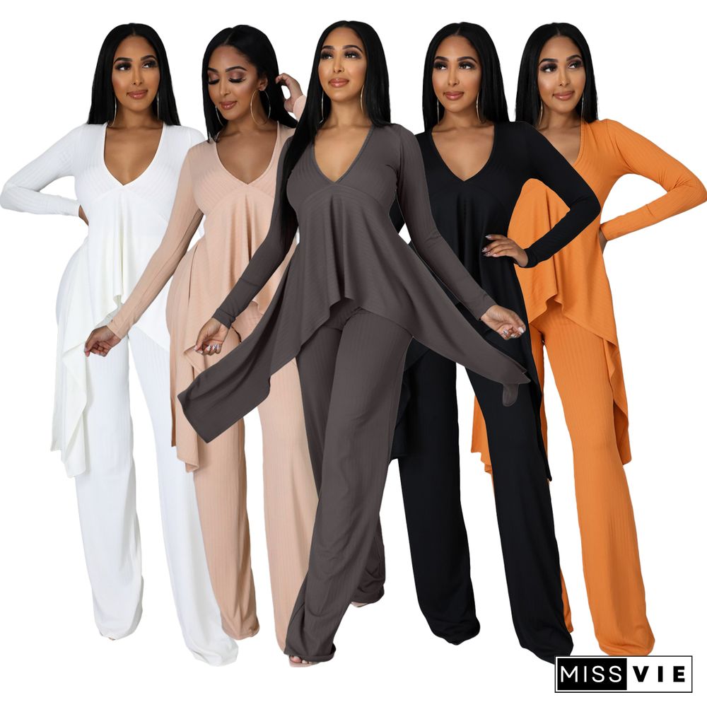 V Neck Irregular Top Straight-leg Pants Set