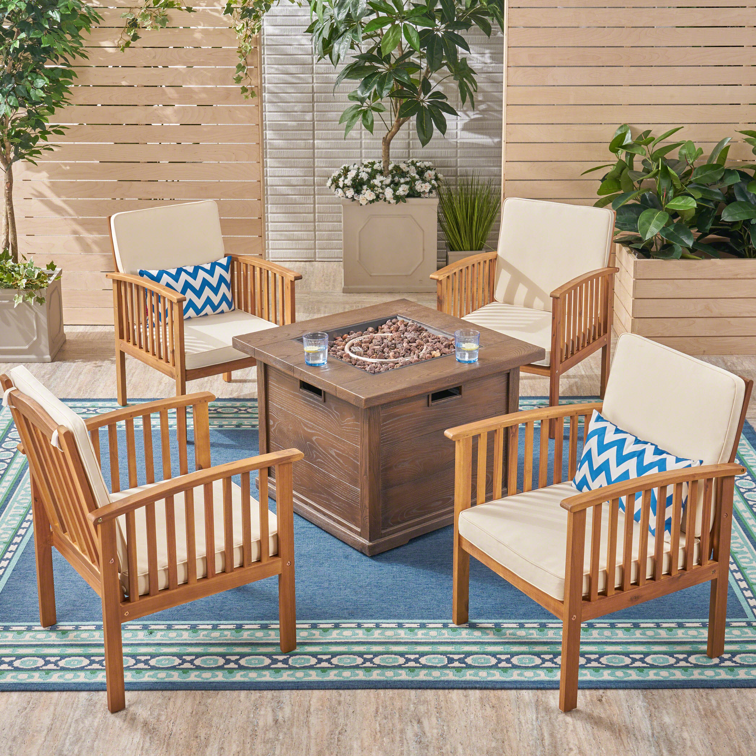 Cape Outdoor 4-Seater Acacia Wood Club Chairs with Firepit