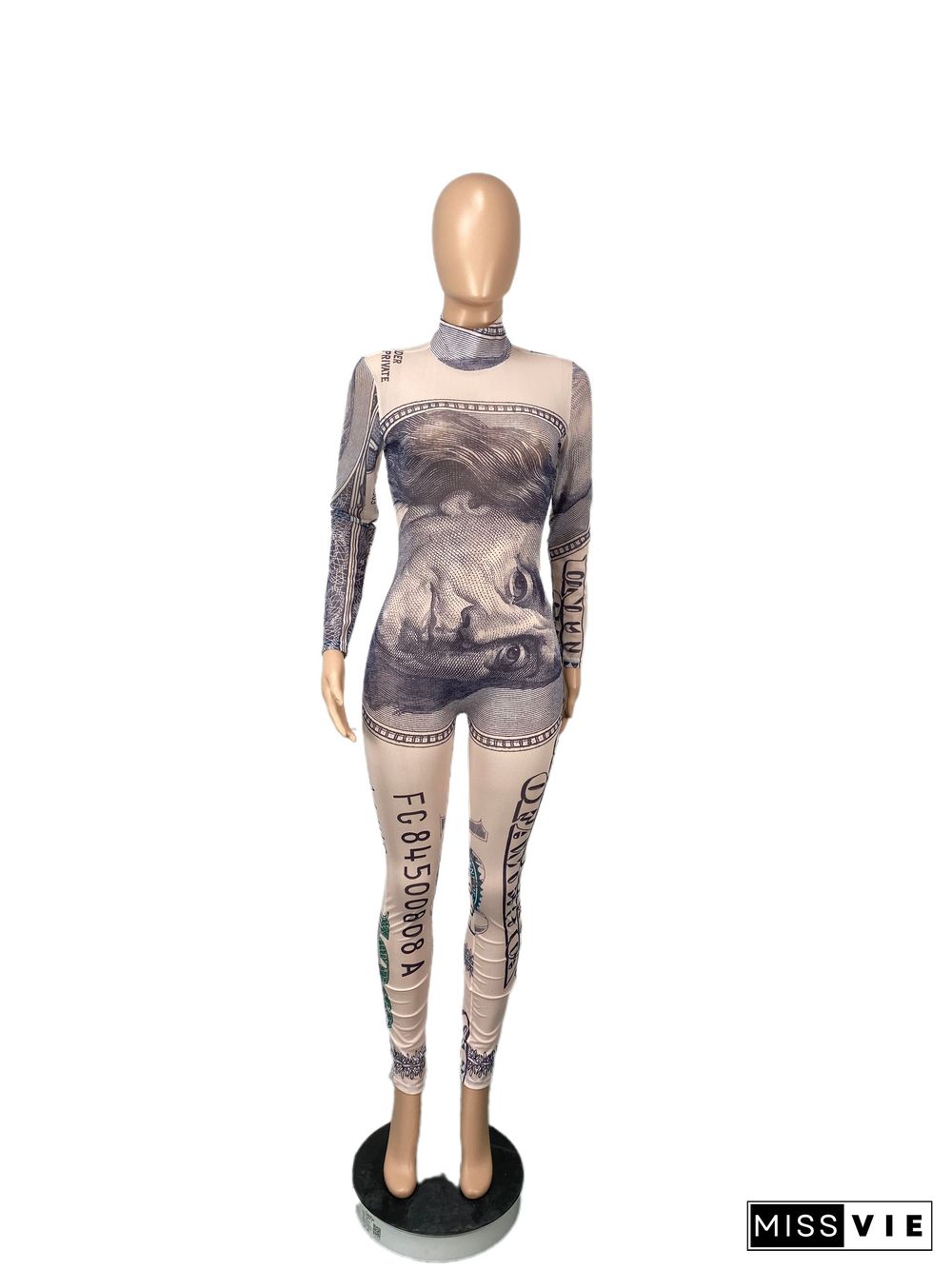 Streetwear Dollar Print Mesh Spliced Long Sleeve Slim Jumpsuit