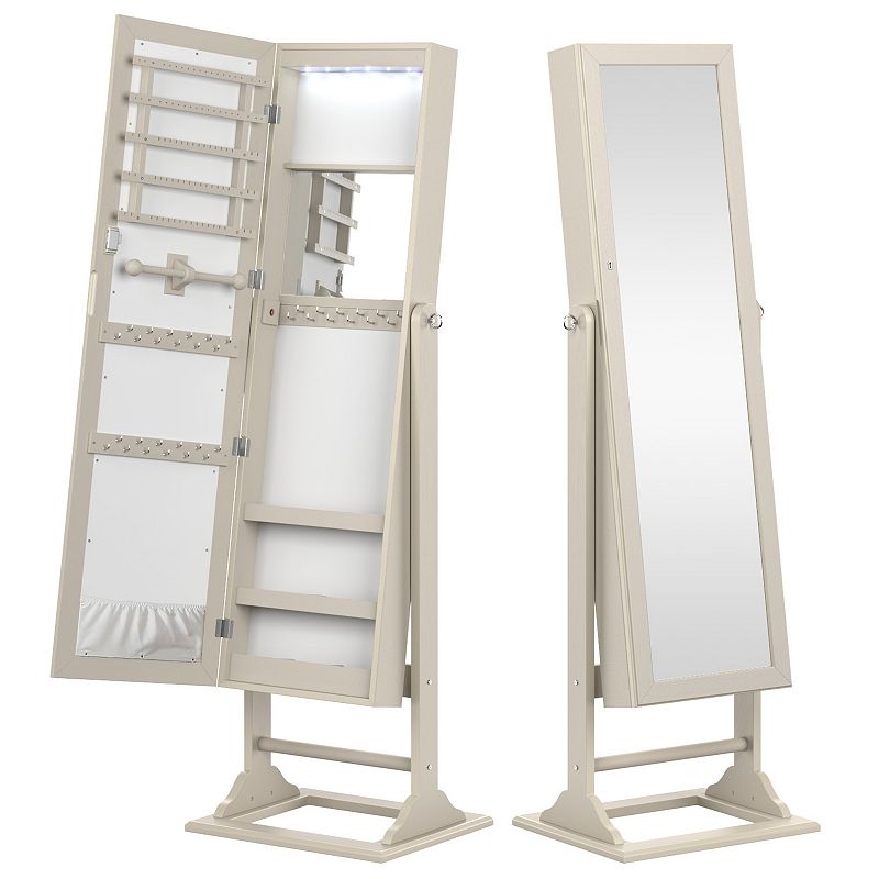 Freestanding Lockable Jewelry Armoire With Full-length Mirror And 6 Led Lights