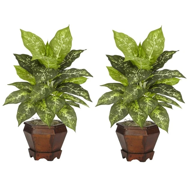 Nearly Natural 20.5-in Dieffenbachia W/wood Vase Silk Plant (set Of 2)