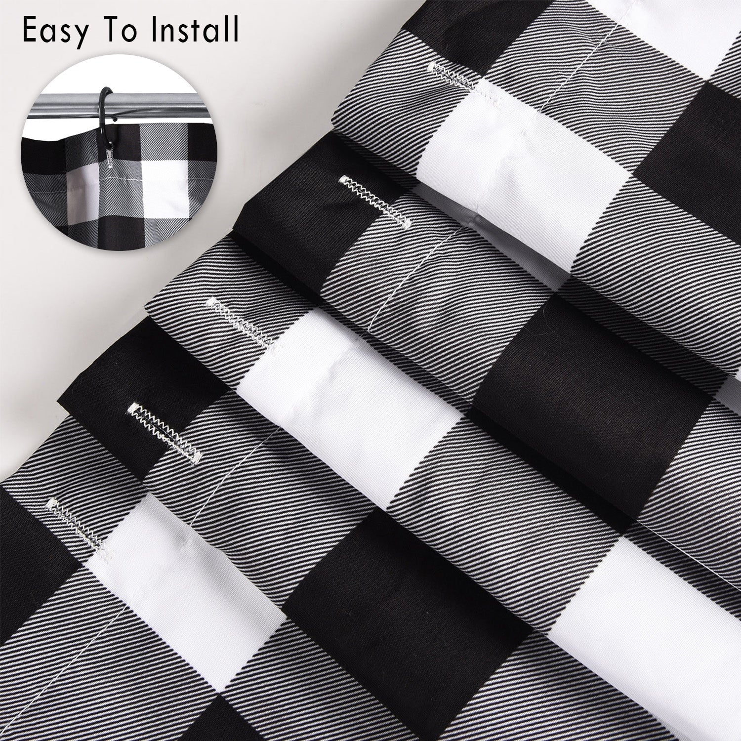 Chic Ruffled Shower Curtain with Black and White Buffalo Plaid, Boho Microfiber Bathtub Curtain with Natural Coconut Buttons, 72 x 72