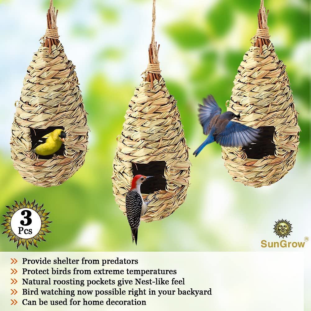 SunGrow Woven Nest， Food Feeder， Cage Accessory， Outdoor Hanging Finch and Hummingbird Bird House