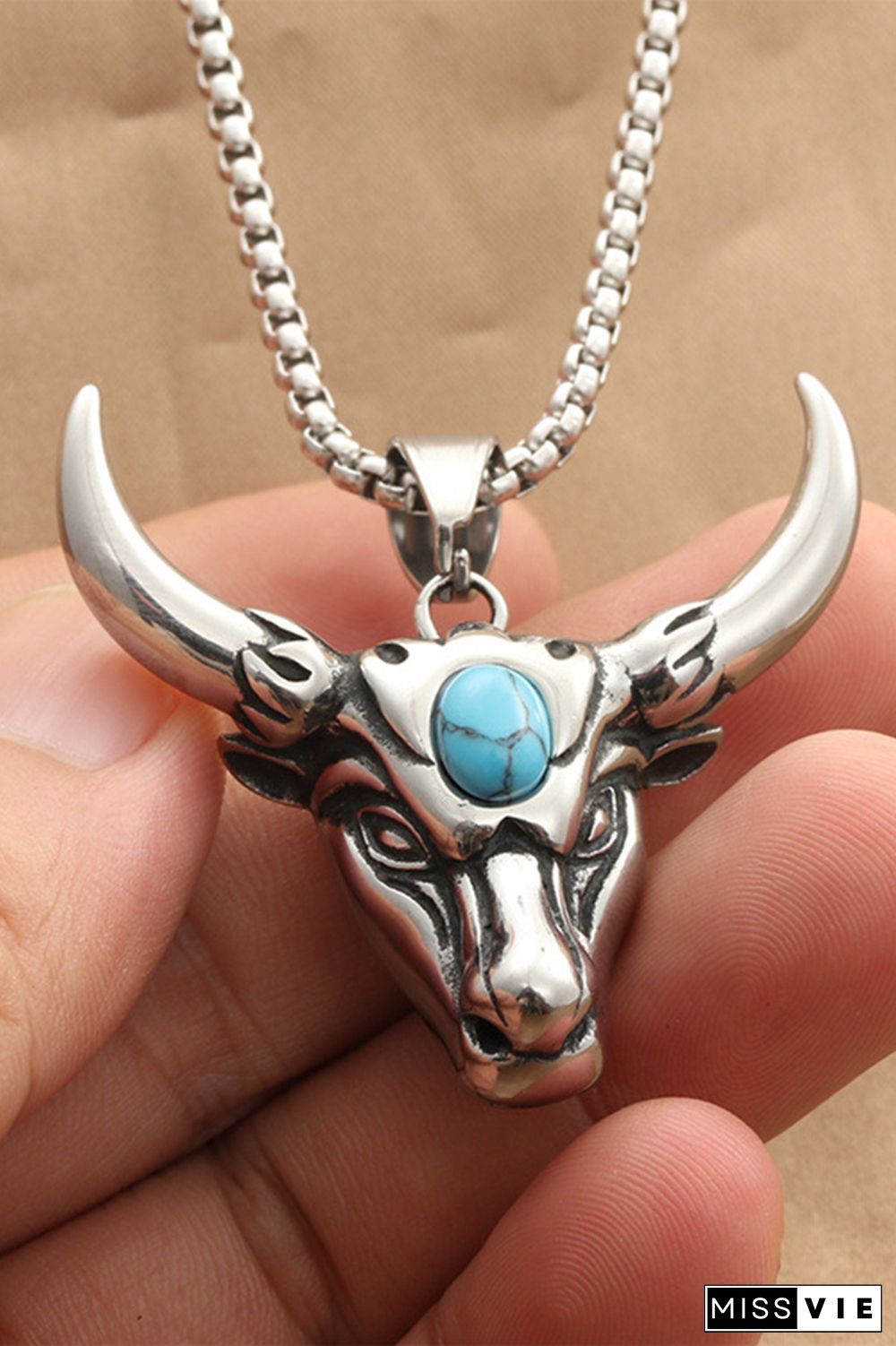 Stainless Steel Turquoise Bull Head Necklace