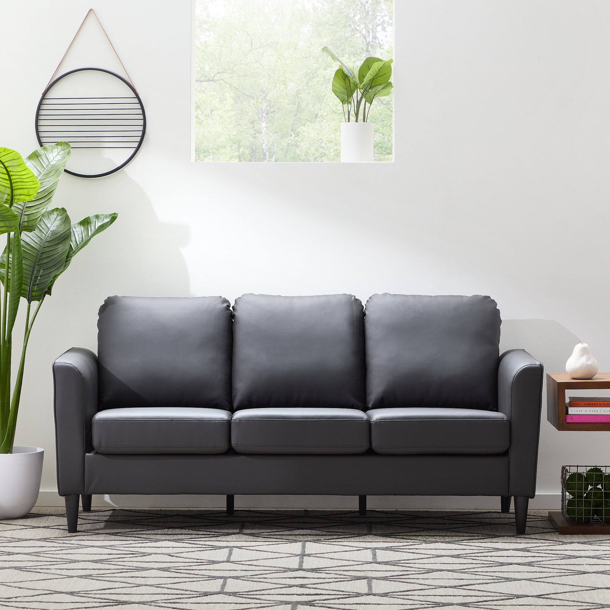 Mayview Ruthie Upholstered Sofa, Black Faux Leather