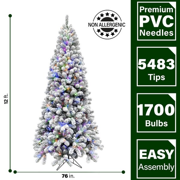 Fraser Hill Farm 12Ft. Flocked Alaskan Pine Christmas Tree with MultiColor LED String Lighting