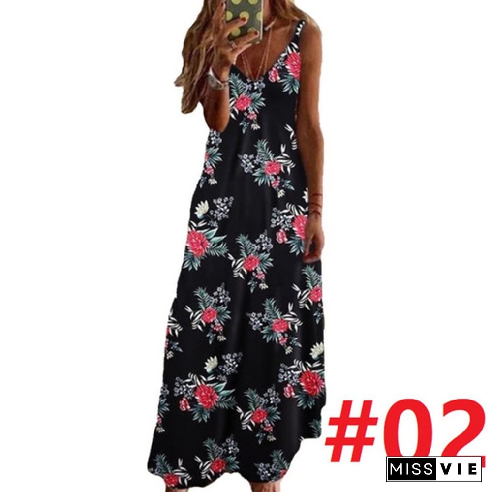 Women's Fashion Summer Sleeveless Floral Printing Sling Dress Deep V-Neck Slim Fit Big Swing Skirts Loose Casual Long Maxi Dresses Ladies Plus Size Party Dresses