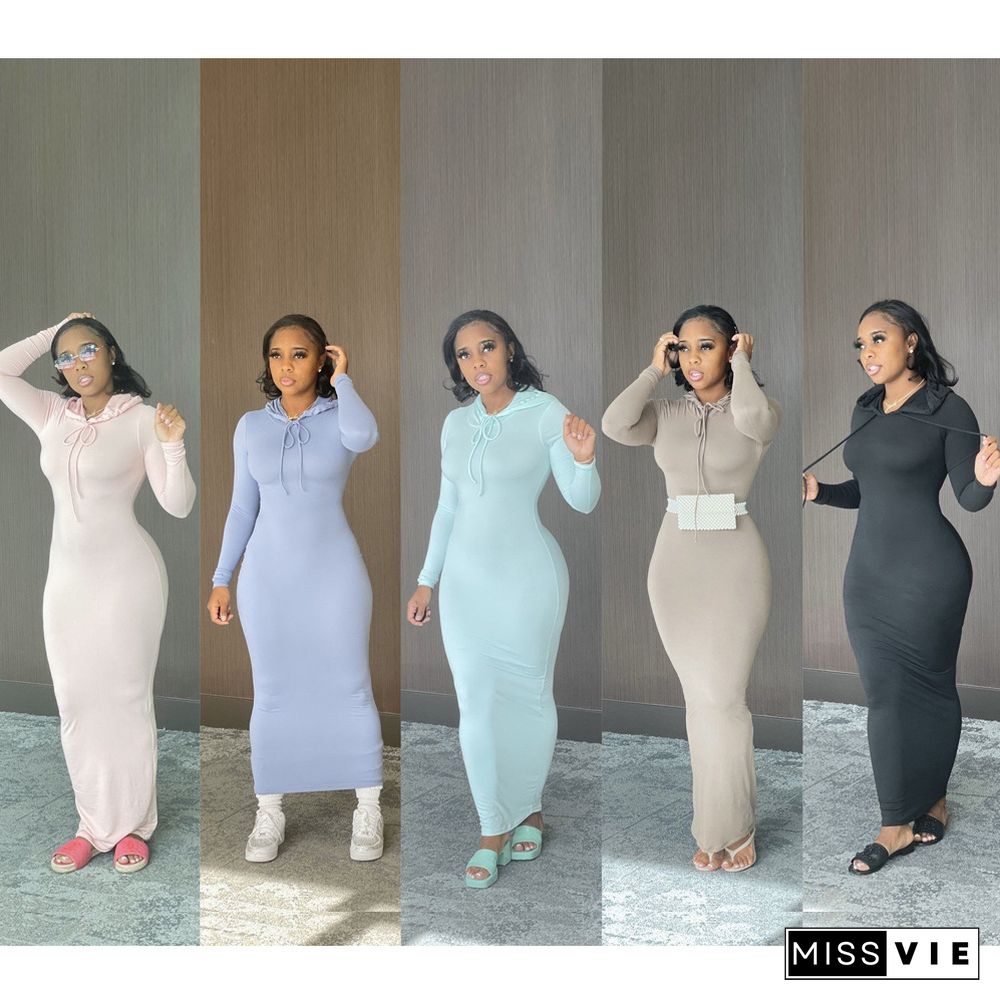 Solid Hooded Long Sleeve Bodycon Maxi Dress