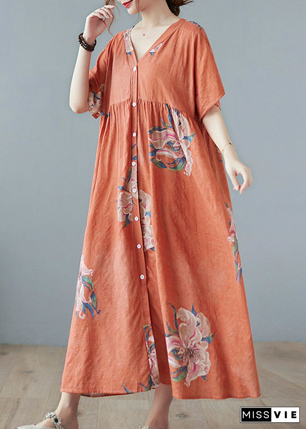 Plus Size Orange V Neck Maxi Dress Short Sleeve