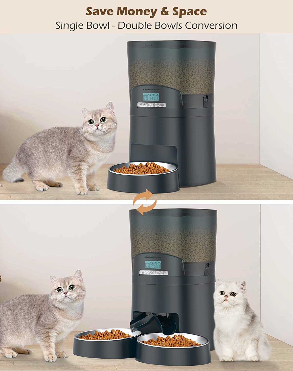 Automatic Cat Feeders 2 Cats 6.5L， 2.4G WiFi Smart Pet Feeder with APP Control for Cats and Dogs Dry Food Dispenser with 2 Stainless Steel Bowl， Desiccant Bag， 10s Voice Recorder