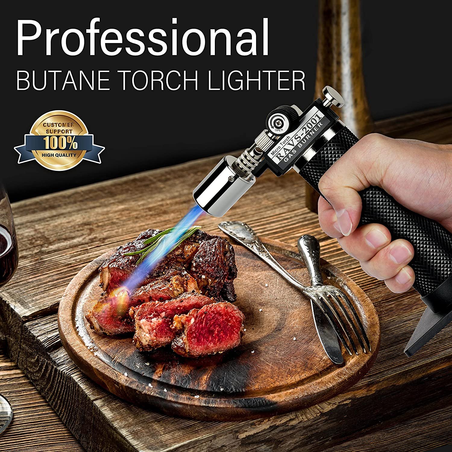 Butane Torch， Kitchen Torch Lighters Butane Refillable With Safety Lock Rotating Angles Ad