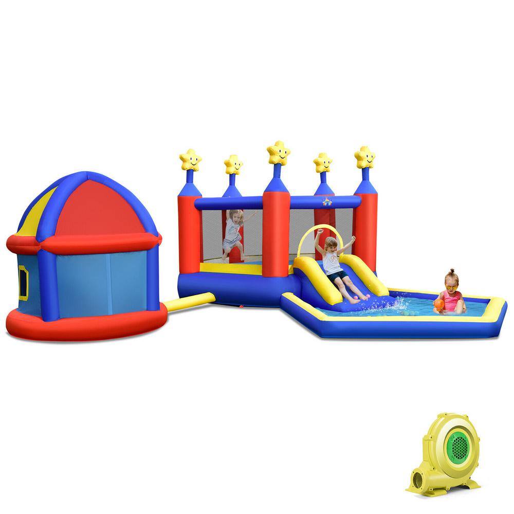 Gymax 735-Watt Inflatable Slide Castle Kids Bounce House Bouncy with Large Jumping Area Playhouse and Blower GYM09783