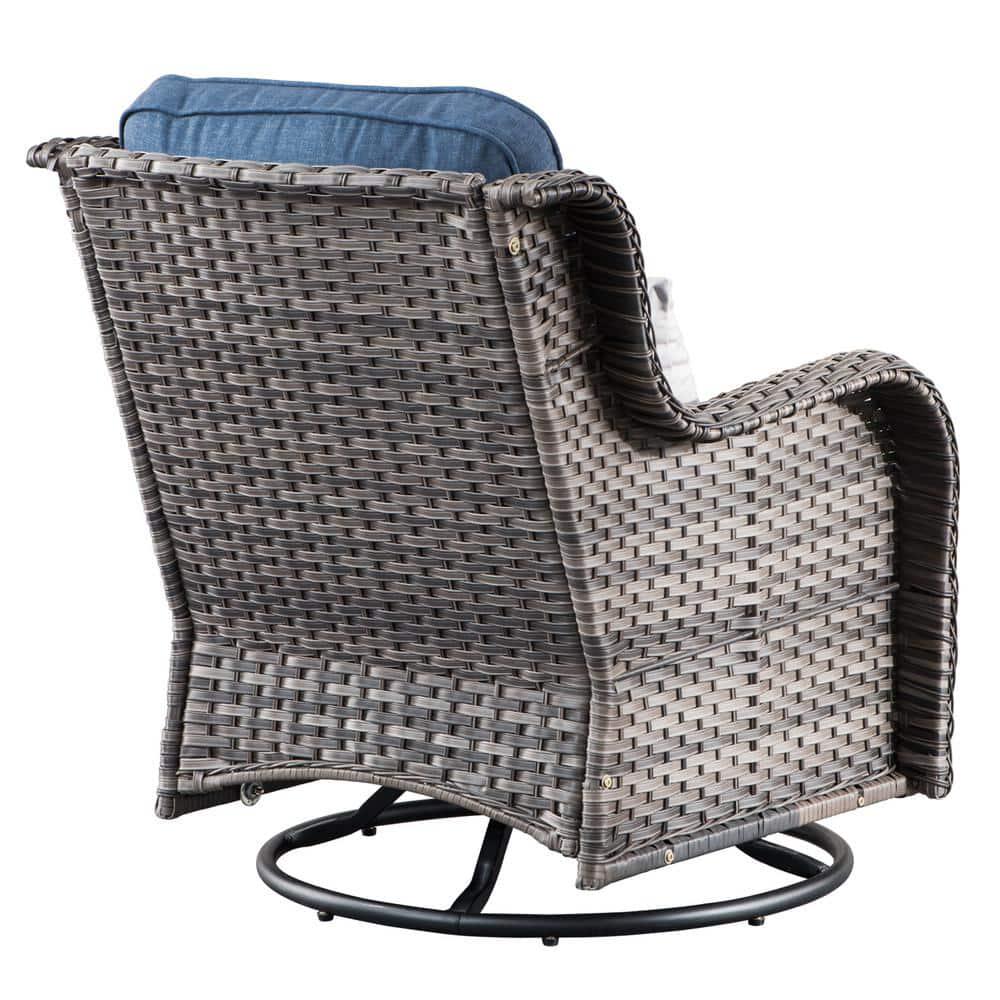 OVIOS Joyoung Gray 3Piece Wicker Outdoor Patio Conversation Seating Set with Denim Blue Cushions and Swivel Rocking Chairs