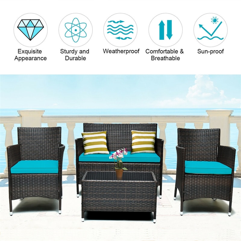 4 Pcs Rattan Wicker Patio Conversation Sets with Loveseat, Single Sofas, Coffe Table, Outdoor Bistro Set