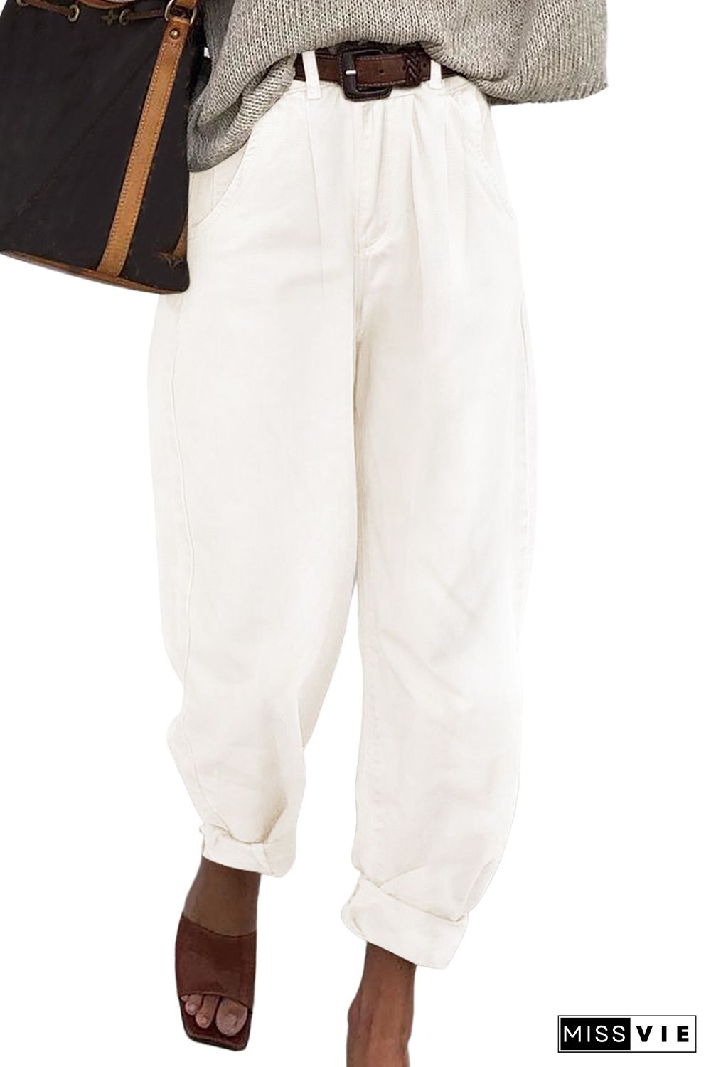 White Solid High Waist Casual Pants