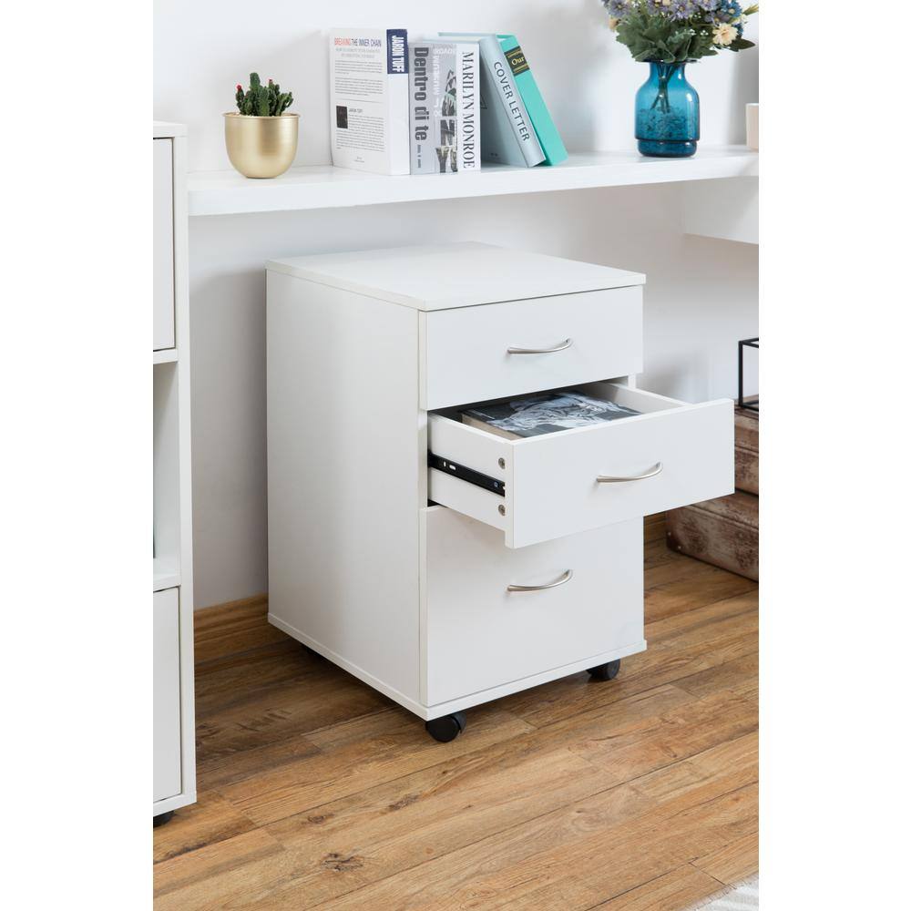 Basicwise Office White File Cabinet 3 Drawer Chest with Rolling Casters QI003678W