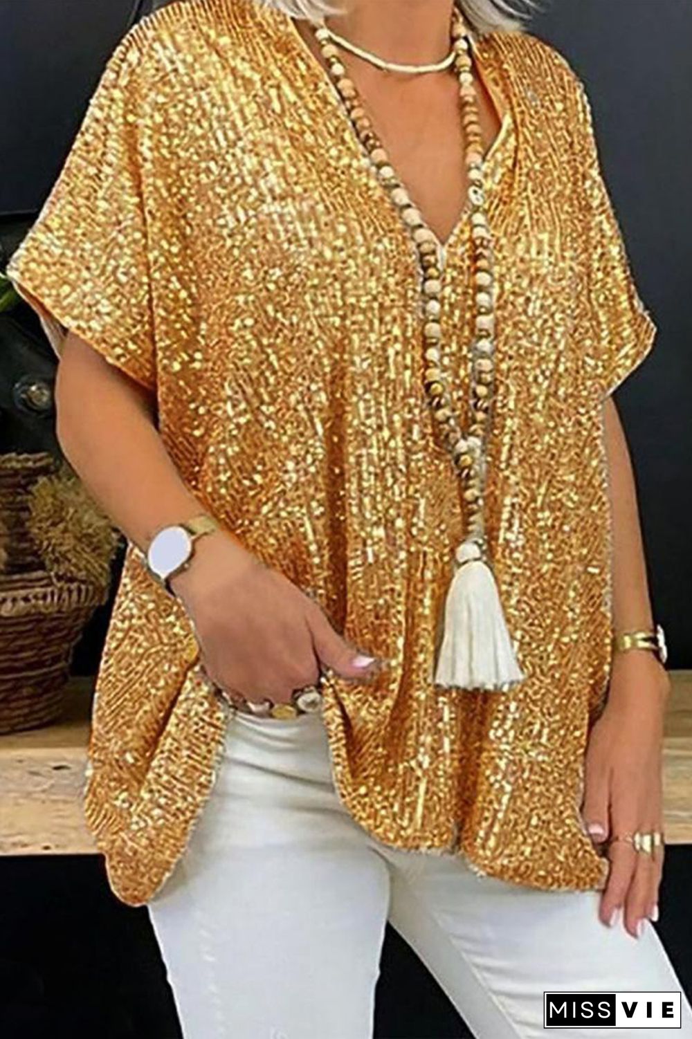 Casual Solid Sequins Sequined V Neck T-Shirts