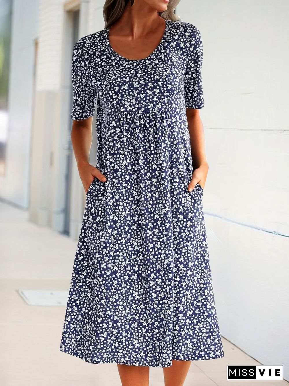 Women Short Sleeve Round Neck Floral-Print Causal Midi Dresses