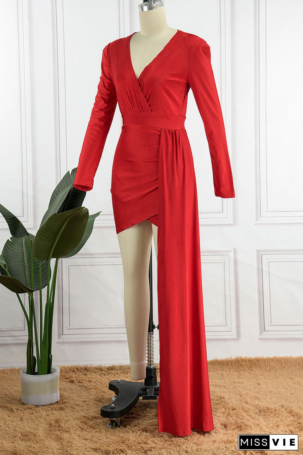 Red Sexy Solid Patchwork V Neck Evening Dress Dresses