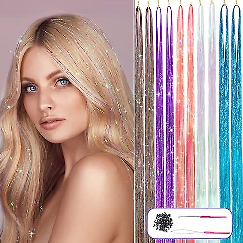 2000 Strands Heat Resistant Hair Tinsel Kit with Tools for Festival Party Dazzle（Gold+Blue+Purple+White+Pink）