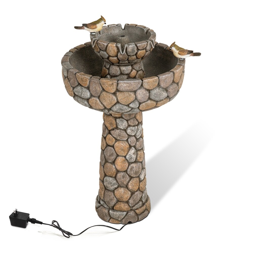 Glitzhome 24.5 inch Outdoor 2 tier Faux Pebbles Polyresin Birdbath Fountain with Pump