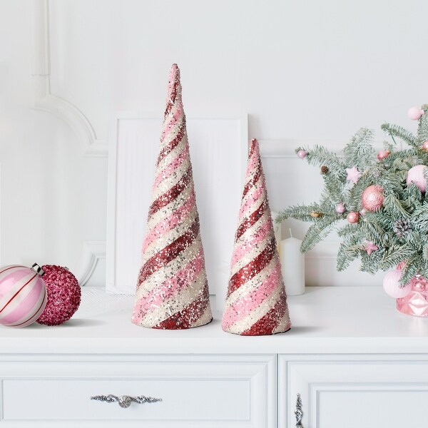 1418 Glitter Iced Striped Cone Tree Set of 2