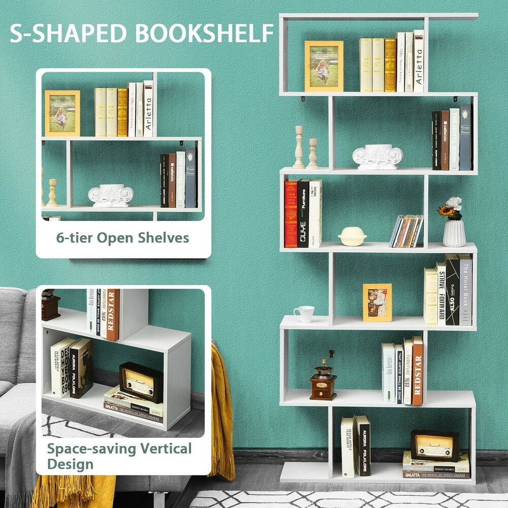 Gymax 6 Tier S Shaped Bookshelf Storage Display Bookcase Decor Z Shelf   31.5'' x 9'' x 75''