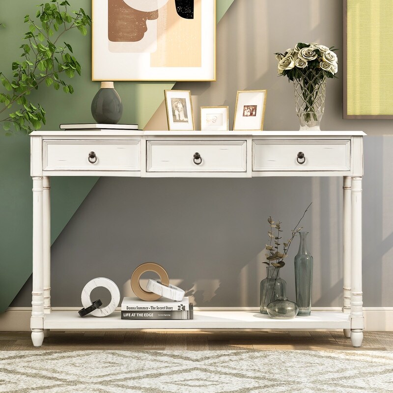 Rustic Solid Wood Console Table with Projecting Drawers and Long Shelf