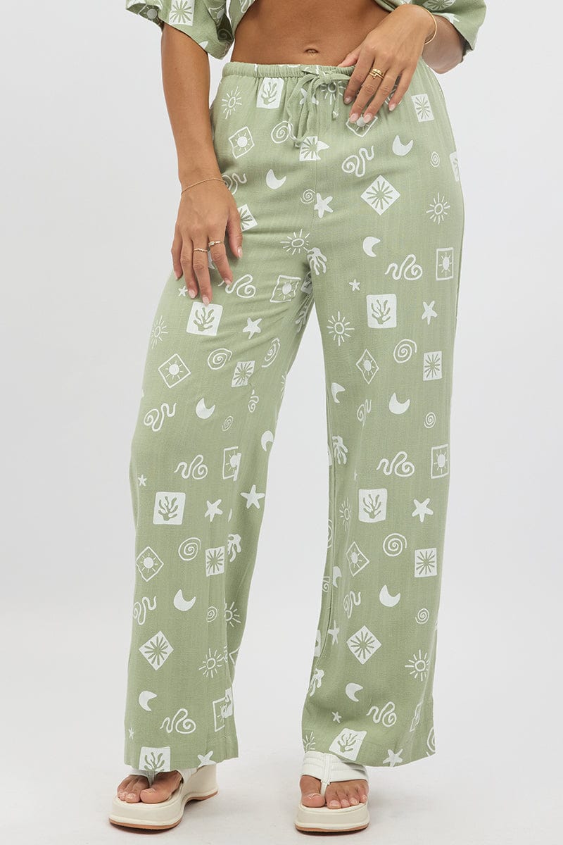 Green Abstract Wide Leg Pants High Rise