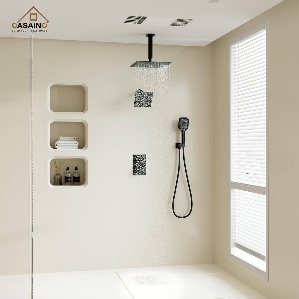 CASAINC 5-Spray 12 in. Thermostatic Dual Shower Heads Ceiling Mount Fixed and Handheld Shower Head 2.5 GPM in Matte Black CS6222-12MB