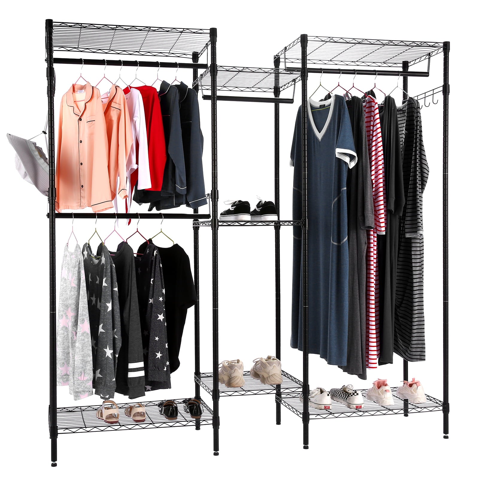 Closet Rack,Wire Metal Clothing Rack, Heavy Duty Removable Sliding Hanging Rods and Side Hooks, with Rods and Side Hooks Load 750Lbs, Black