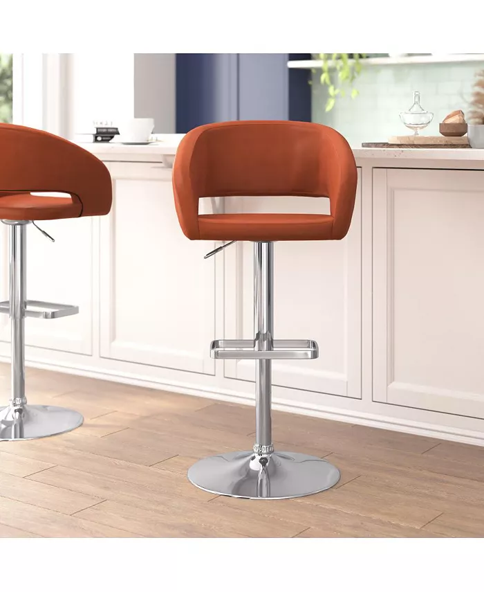 EMMA+OLIVER Shae Contemporary Upholstered Adjustable Height Barstool With Rounded Cutout Mid-Back And Pedestal Base