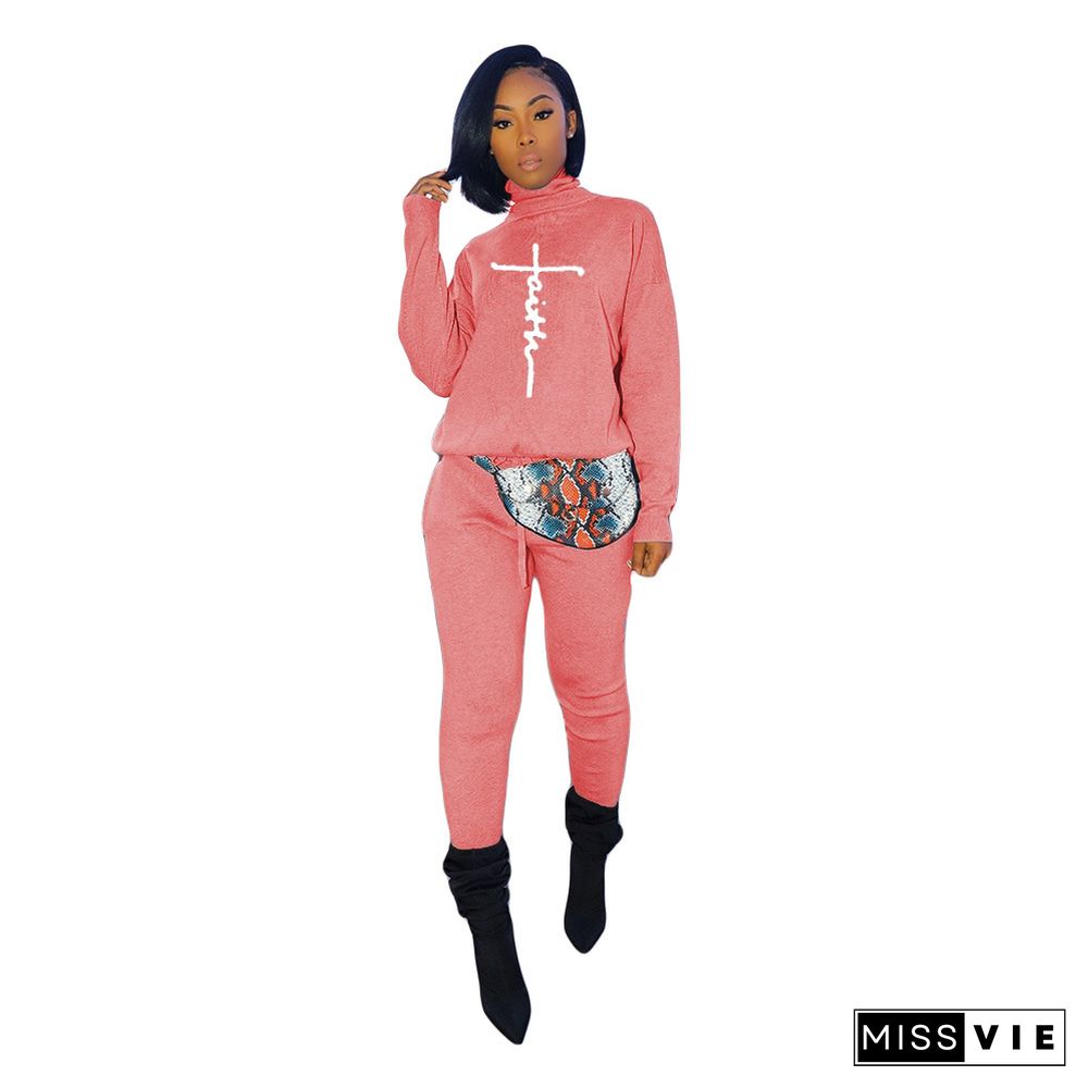 Faith Letter Turtleneck Long Sleeve T-shirt and Pants Suit